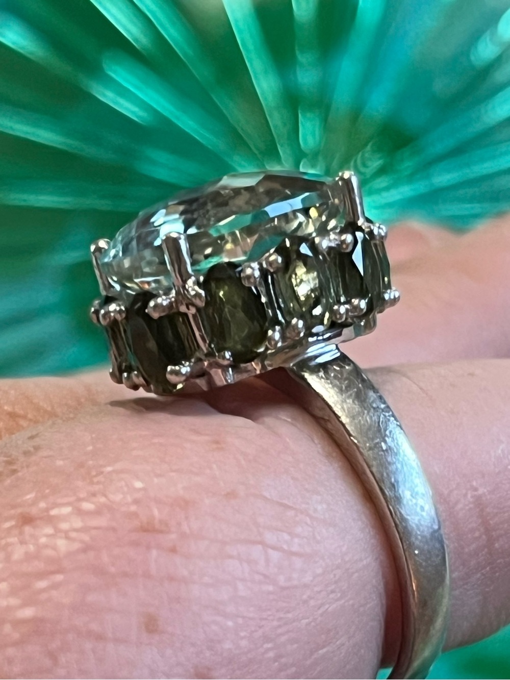Vintage China Sterling Silver 925 Green Amethyst Cluster Cocktail Size 6.5 Ring - Picture 3 of 7